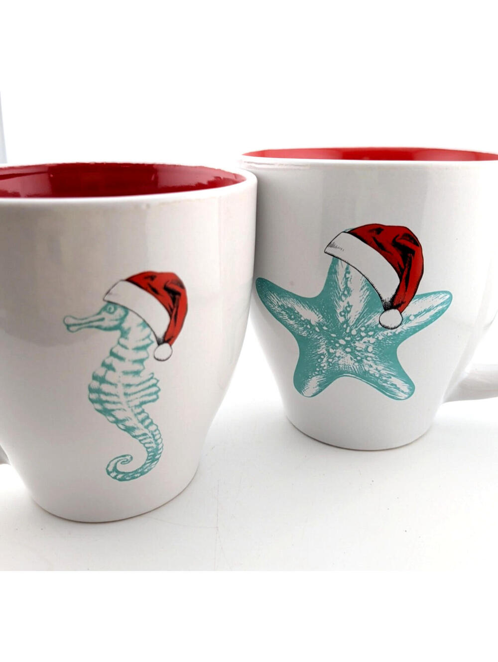 2 Seahorse & Starfish Ceramic Christmas Santa Hat Mugs White/Red/Aqua HUGE 20oz+
